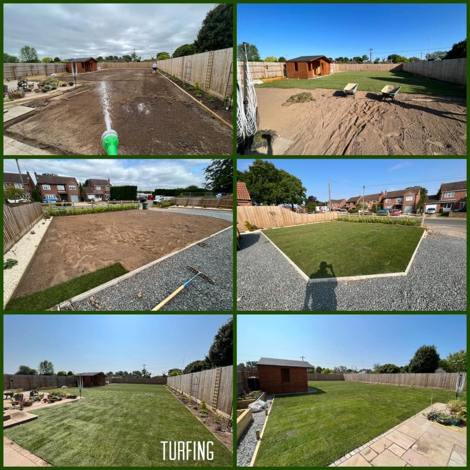 New lawns laid with fresh turf in back gardens