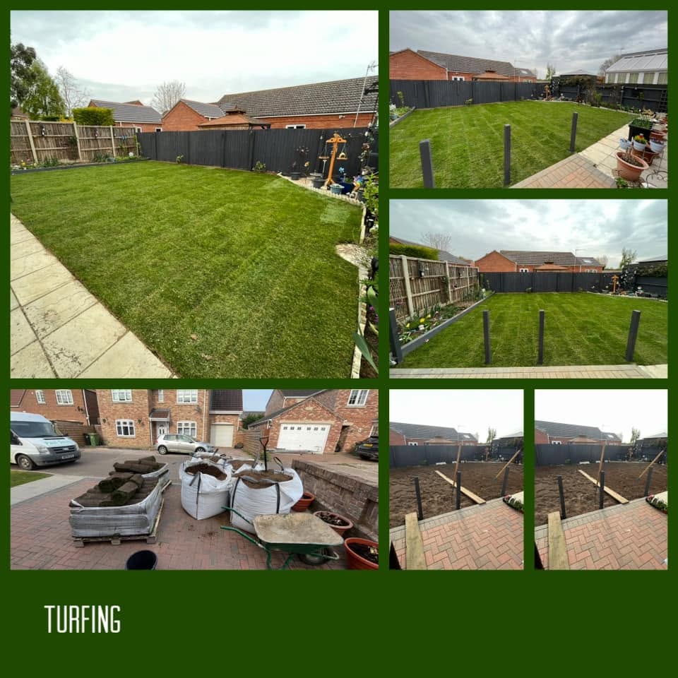 Freshly turfed lawns beside new fencing and paving