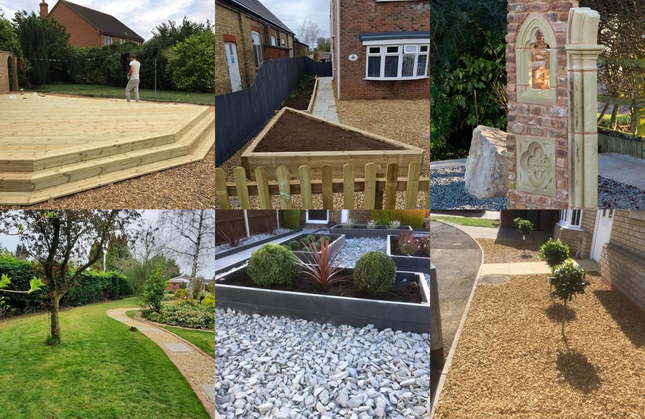 Collage of finished jobs: stepped decking, a timber raised bed, slate planters and a gravel path